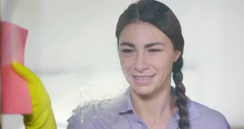 Smiling Woman Cleaning with Cloth and Spray