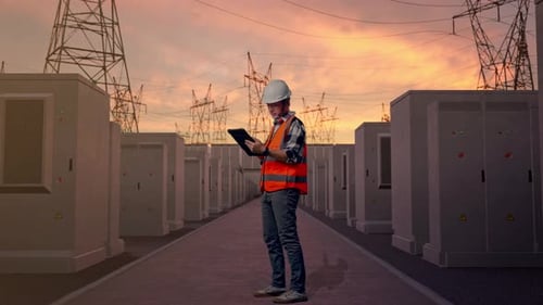 Full Body Side View Of Asian Male Engineer Working On A Tablet with High Voltage Power