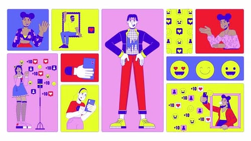 Social media fame and diverse content creators animated bento grid layout