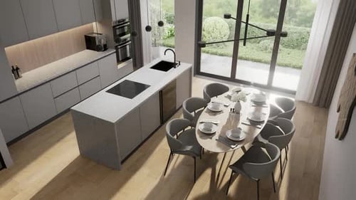 Kitchen-dining room, room in a modern minimalist style. Open space. 3D rendering.