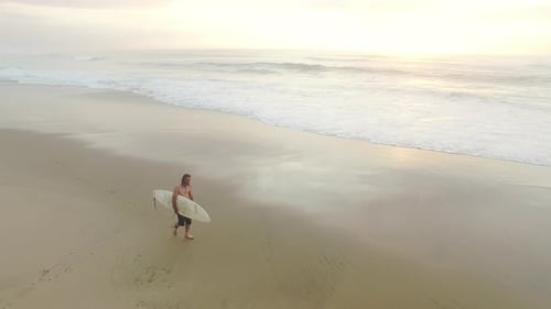4k Drone Footage Of Attractive Surfer Man Walking On Beach With Surfboard At Sunrise With Ocean W...