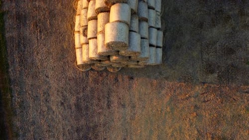 Many Bales Compressed Dry Wheat Straw Twisted Round Rolls on Field Sunset Dawn