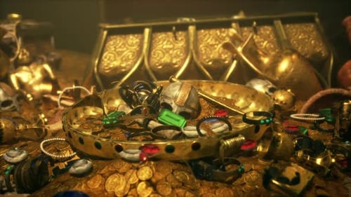 Golden Treasure Chest with Shiny Coins and Sparkling Jewels