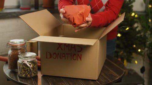 Woman Packs Donation Box for Christmas Charity