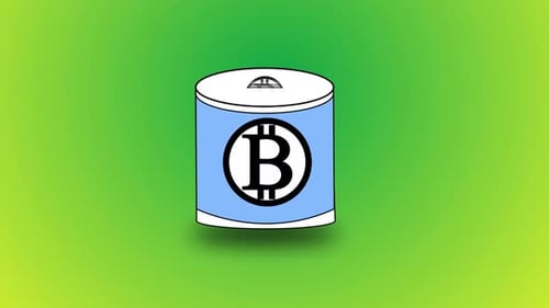 3d Blue coin bank and coins with Bitcoin sign isolated on green background. Vd_1322