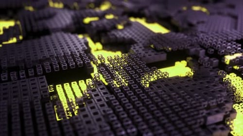 3D Animation Depicting a Vivid Digital Terrain with Radiant Yellow Highlights on a Tech Grid