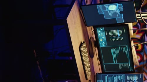 Glowing Monitors Displaying Data in Dark Room