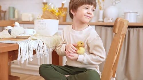 Young Boy Holding Tiny Duckling in Kitchen