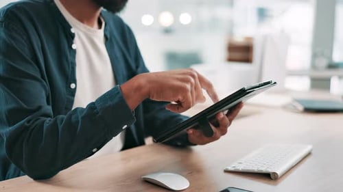 Hands, tablet and scroll at office with project management, schedule or research on web at startup