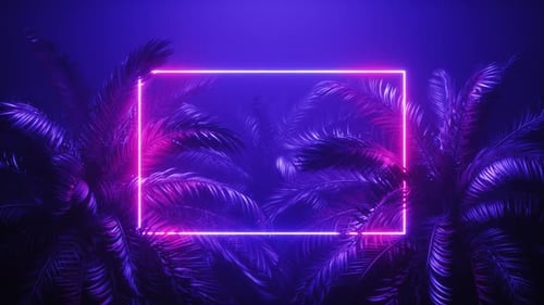 Neonrahmen, umgeben von tropischen Palmblättern