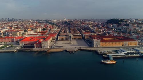 Cinematic Aerial View of Lisbon Praca Do Comercio and Waterfront