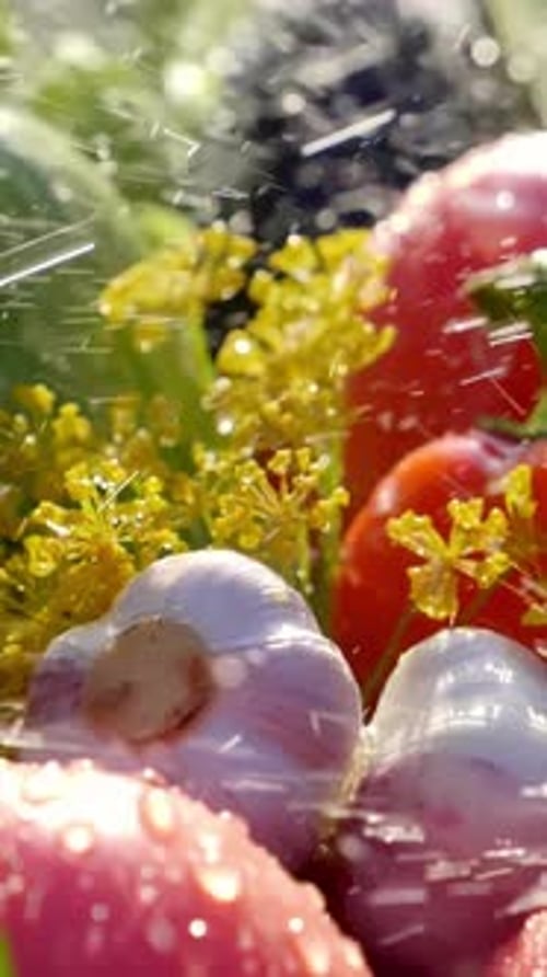 Fresh vegetables glistening with water droplets on the farm