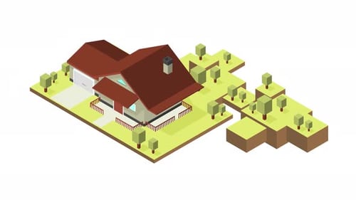 Isometric House Build Animation with Geometric Landscape
