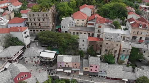 Aerial: Mostar old town lateral drone movement
