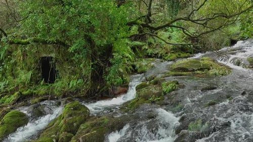 Stream Rushing On Mossy Rocks In RĂo Parga, A Coruña, Spain. Slow Motion
