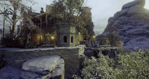 Large Stone Residence Surrounded By Nature and Cloudy Skies at Sunset