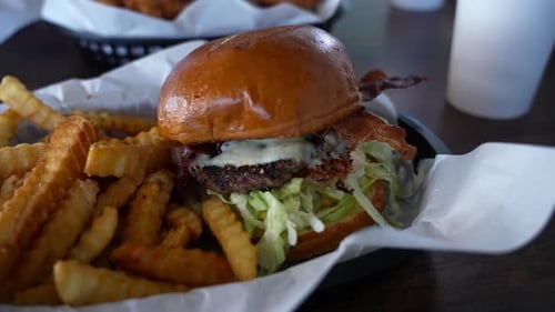 Burger and Fries on Plate Close Up