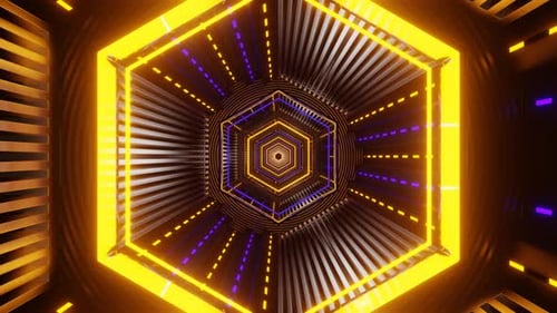 Purple And Yellow Neon Glowing Hexagon Futuristic Corridor Background Vj Loop In 4K