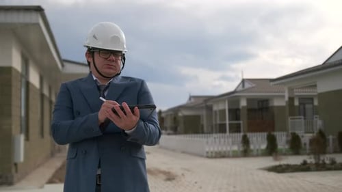 Engineer at workplace, boss in suit and safety helmet inspects new building, takes notes on tablet
