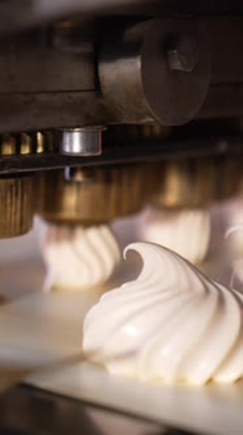 Spinning nozzles of an automatic machine produce marshmallows.