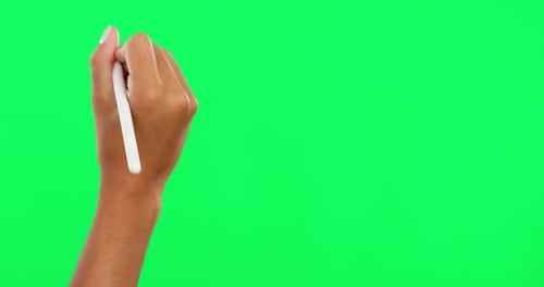 Hands, writing and digital pen on green screen for advertising against a studio background
