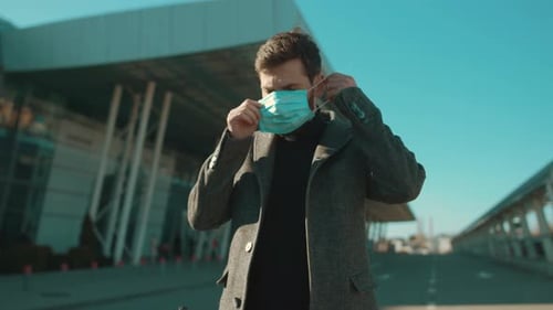 COVID19 Coronavirus Infection Man Wearing Protective Face Mask Near Airport Pandemic Disease Virus