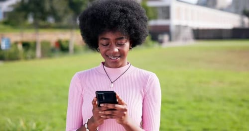 African teen, girl with smartphone in park, communication and social media chat, meme and network