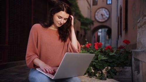 A Student Studying Outdoors Freelancer Working on Decorative Stone of City Streets Beautiful Happy