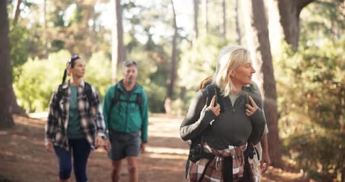 Hiking, adventure and group in woods, walking and journey for backpacking in environment and travel