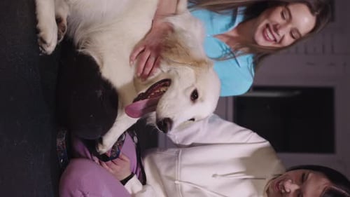 Young Women Petting White Dog on the Floor