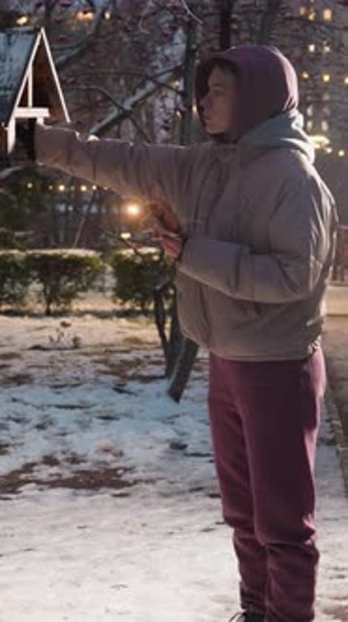 Lady Feeding Birds in Winter Park with Snowy Path and Illuminated Lights