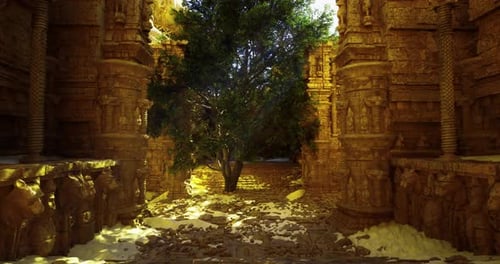 Ruines d'anciens temples avec des sculptures complexes illuminées par la lumière naturelle