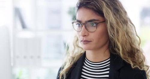 Computer, office and business woman reading digital newspaper article, social network feedback