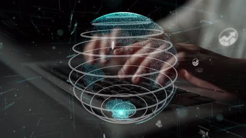 Globe numérique avec des icônes de données et de graphiques représentant la connectivité, la technologie et les analyses mondiales