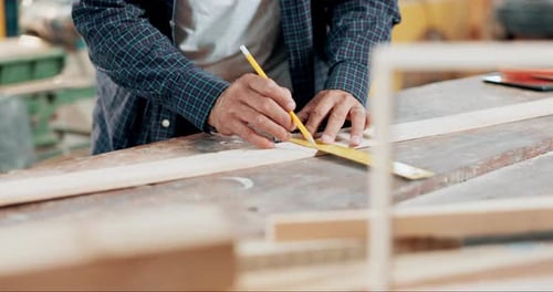 Hand, woodwork and ruler for measurement in workshop for furniture manufacturing