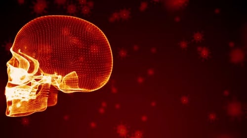 Futuristic Rotating Wireframe Skull and Virus Particles