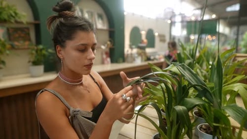 Woman Inspecting Leaves of Potted Plants Indoors