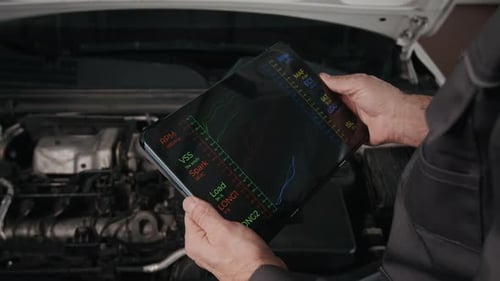 Hands of Mechanic with Tablet Observing Engine Efficiency Test in Garage