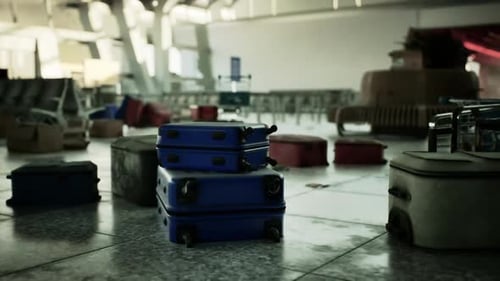 Abandoned Airport Terminal with Scattered Luggage and Empty Seating Areas