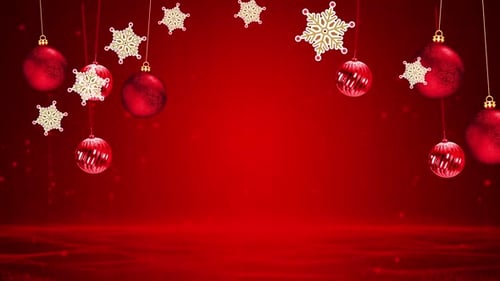 Festive Christmas Ornaments and Snowflakes Red Holiday Background Loop