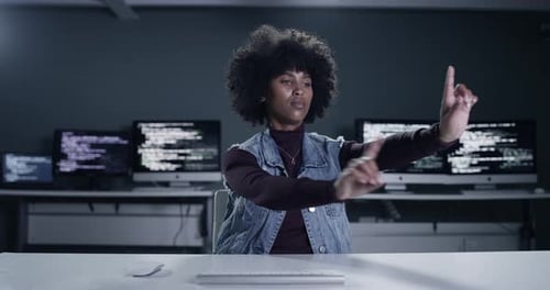 Woman, virtual reality and screen for programming, coding or software engineering in cybersecurity