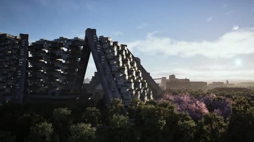Estructuras arquitectónicas enmarcadas por una exuberante vegetación al amanecer en una ciudad vibrante