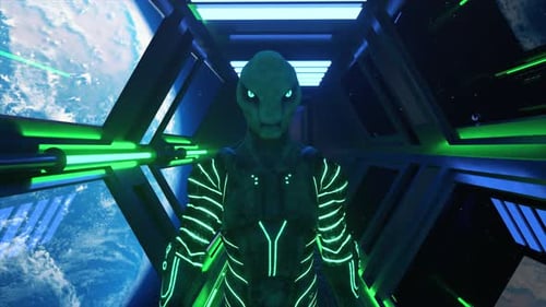 Futuristic Alien Creature in Space Corridor with Earth View