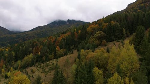 Aerial View of Colorful Autumn Mountains Under Cloudy Sky
