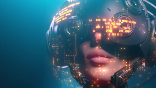 man machine close-up look around with the effect of a holographic display