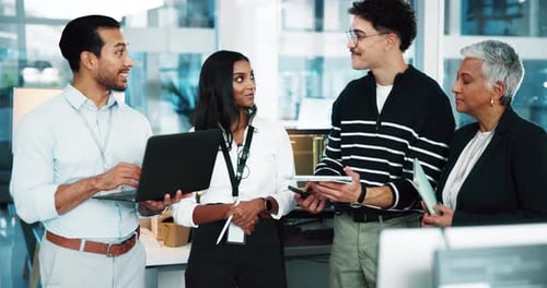 Group, people and developer on tablet in office for programming, IT training and software update