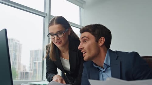 Closeup Office Manager Explaining Talk With Colleague. Project Team Check Data Analysing Financia...