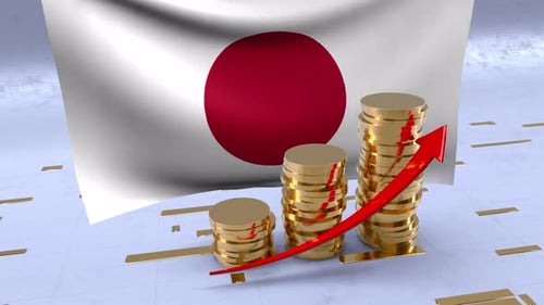 Japan Flag With Gold Coins Tower And Up Arrow
