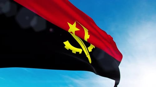 Realistic Waving Flag of Angola Under Blue Sky