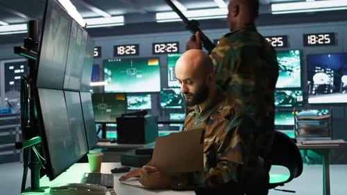 Stressed Military Worker in High Tech Office